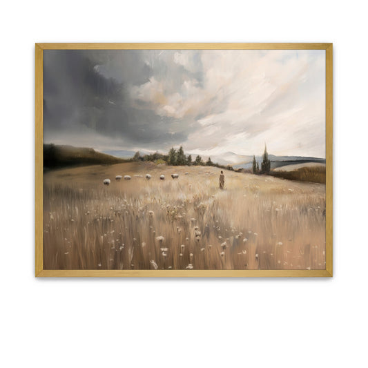 LDS artwork of Jesus in a dry meadow watching over sheep