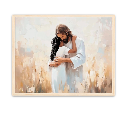 Christ lovingly embracing an African American child