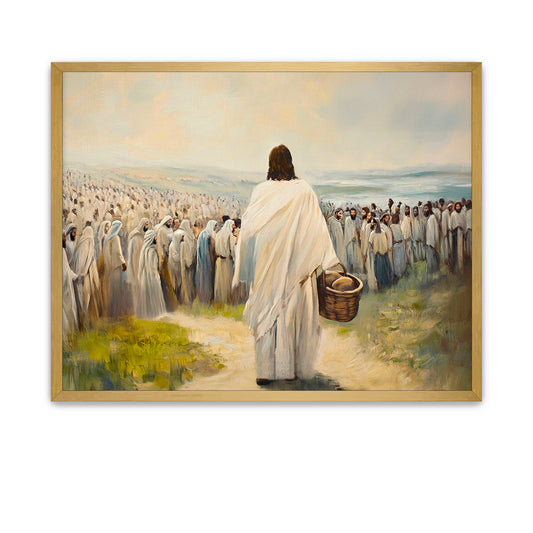 Jesus surrounded by followers as He distributes food in divine abundance