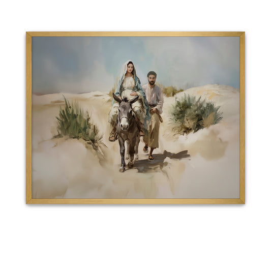 Peaceful artwork of Mary and Joseph on the road to Bethlehem in obedience to God