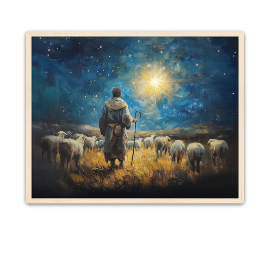 Shepherds traveling under starlight to visit the Christ child in the manger