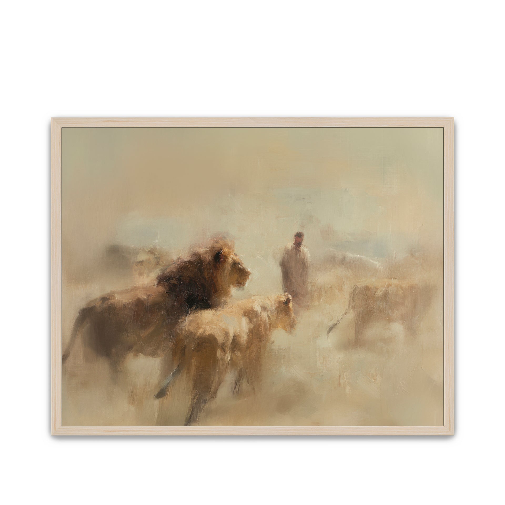 Framed artwork of lions and Daniel in a misty landscape
