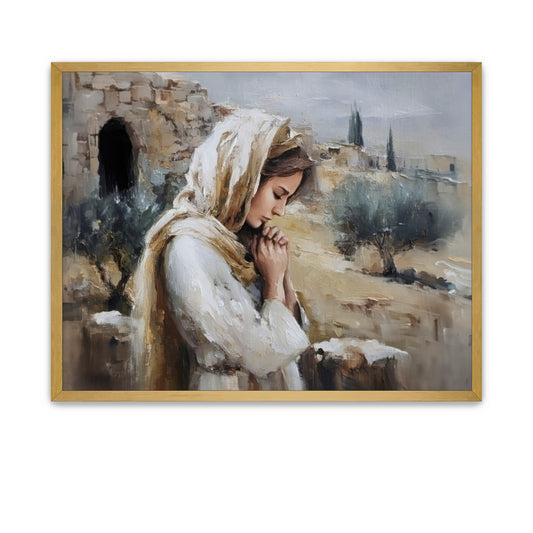 Mary at the open tomb, realizing the Savior has risen