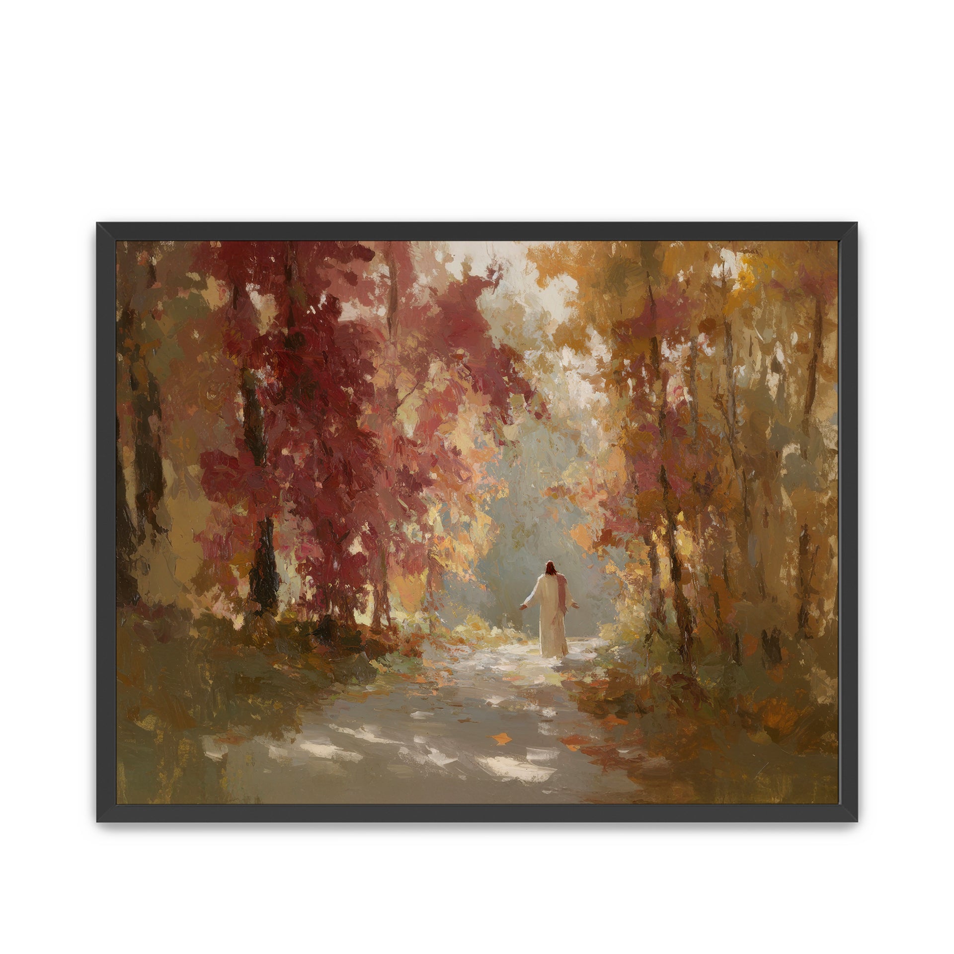 Framed artwork of a Jesus Christ walking through a forest with autumn foliage.
