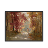 Framed artwork of a Jesus Christ walking through a forest with autumn foliage.