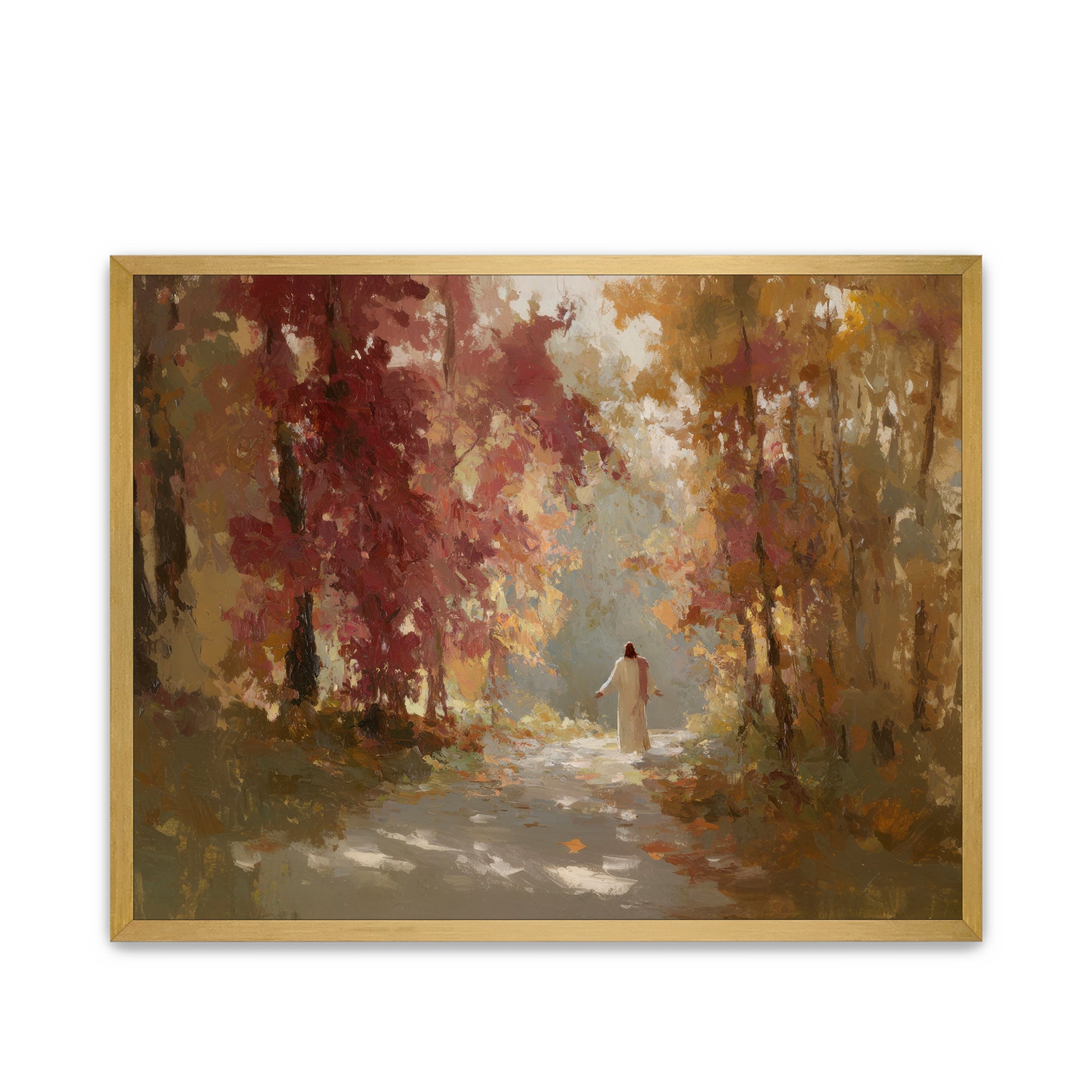 Framed Artwork Piece of Jesus Christ Walking on a Path with Fall Leaves