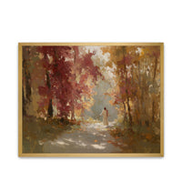 Framed Artwork Piece of Jesus Christ Walking on a Path with Fall Leaves