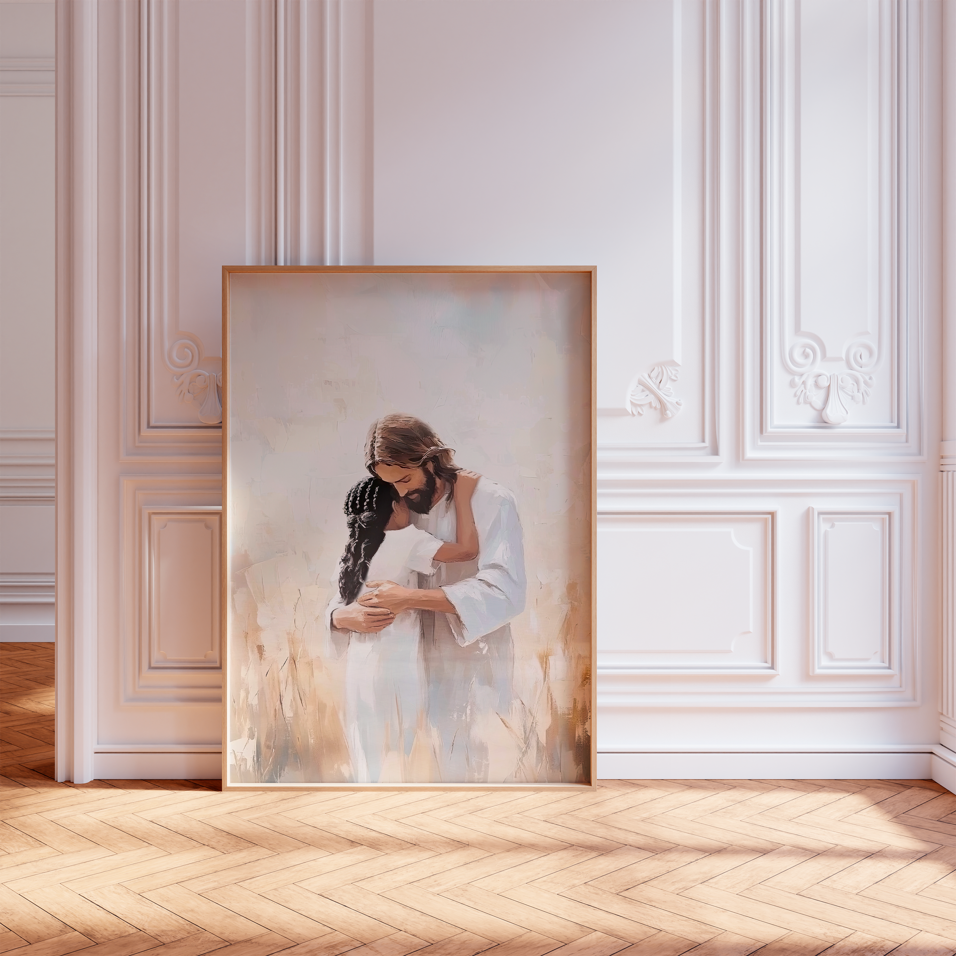 "In His Arms- Jesus Christ's Embrace, Black Hair Girl" Christian Artwork of Jesus and Children, LDS Artwork