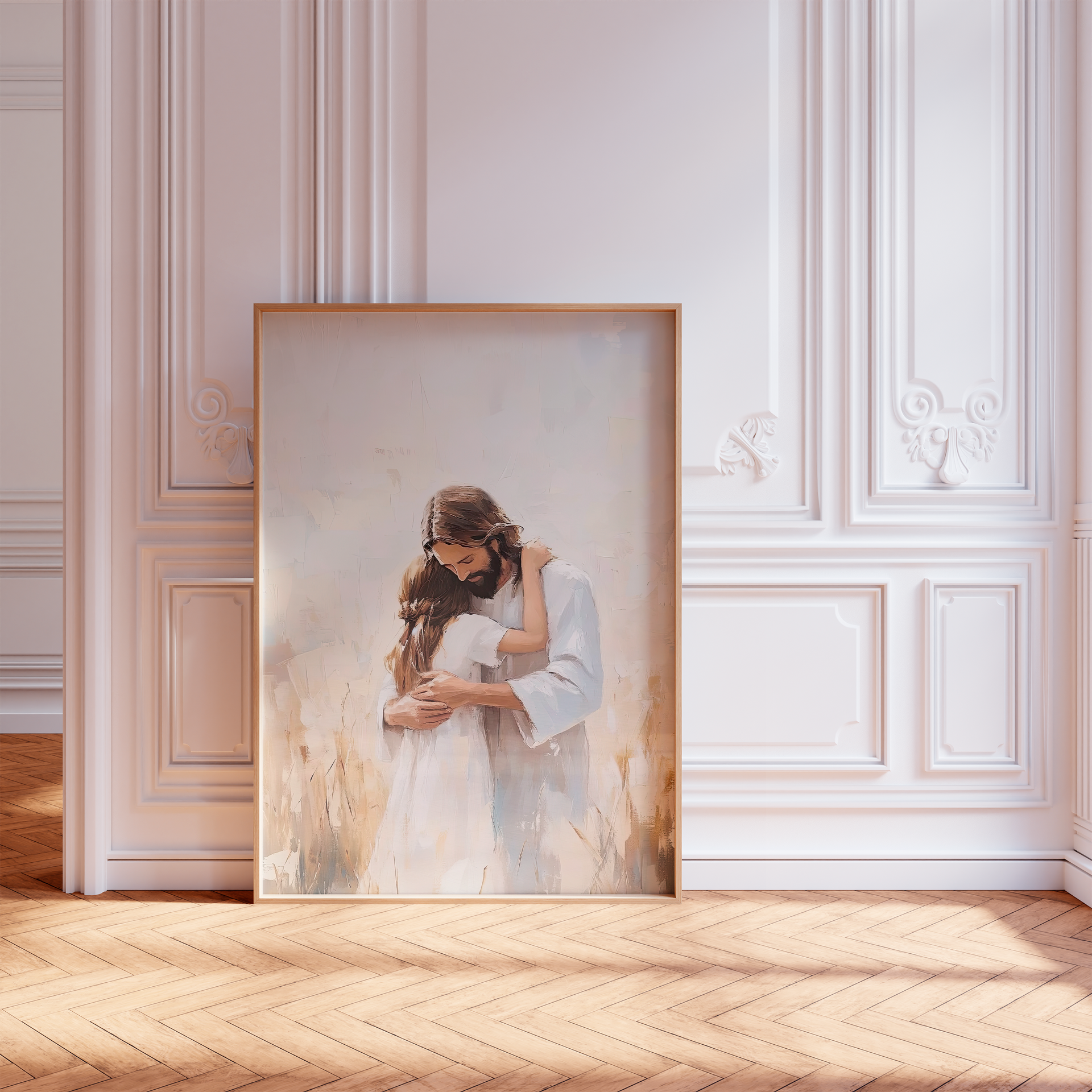 "In His Arms- Jesus Christ's Embrace, Brunette Girl" Christian Wall Decor, LDS Artwork Children