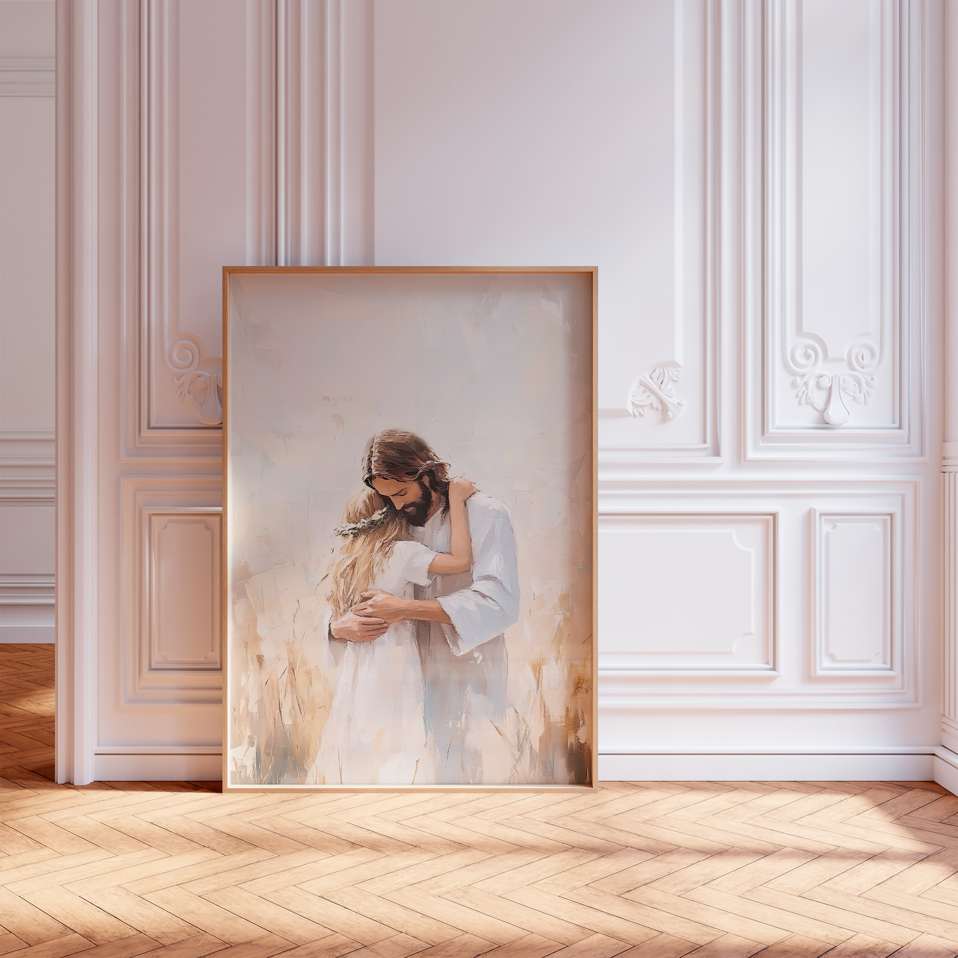 "In His Arms- Jesus Christ's Embrace, Blond Girl" Christian Artwork of Jesus and Children, LDS Artwork