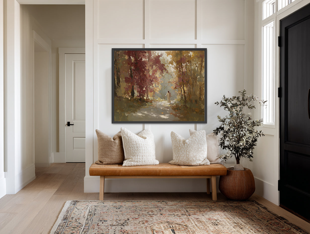 "The Autumn Path," Jesus Christ Artwork, Christian Art Print, LDS Wall Decor, Jesus Christ Fall Leaves Path Wall Art Print, Framed Canvas Print