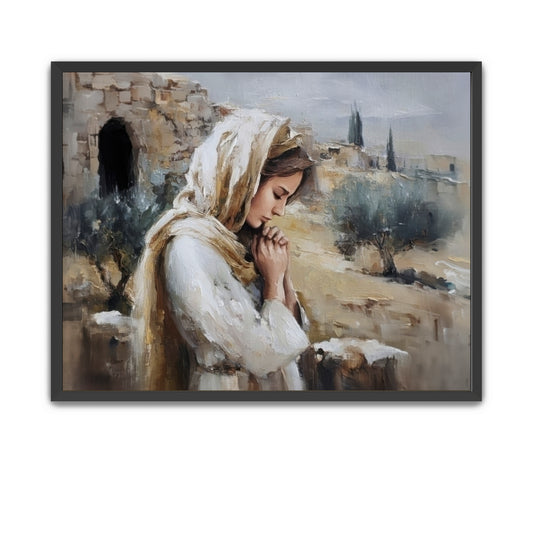 Mary at the open tomb, realizing the Savior has risen