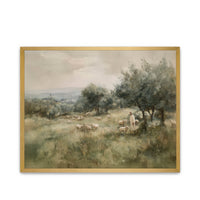 Framed painting of a shepherd with sheep in a pastoral landscape