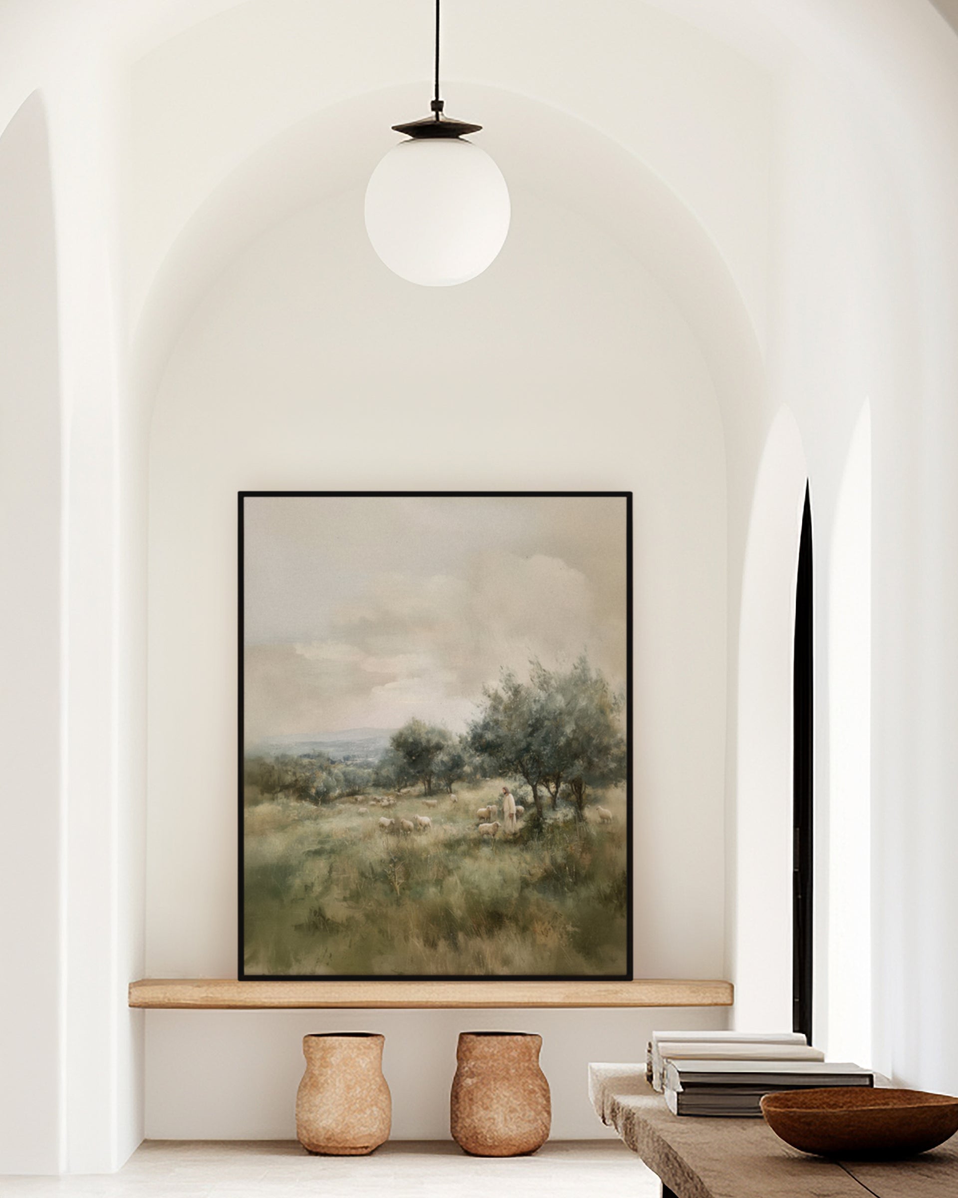 Modern Christian art of Jesus walking among His flock in nature