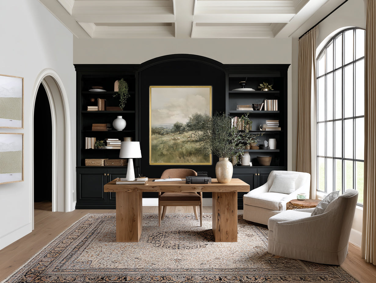 Religious wall art featuring Jesus with lambs in a serene countryside setting