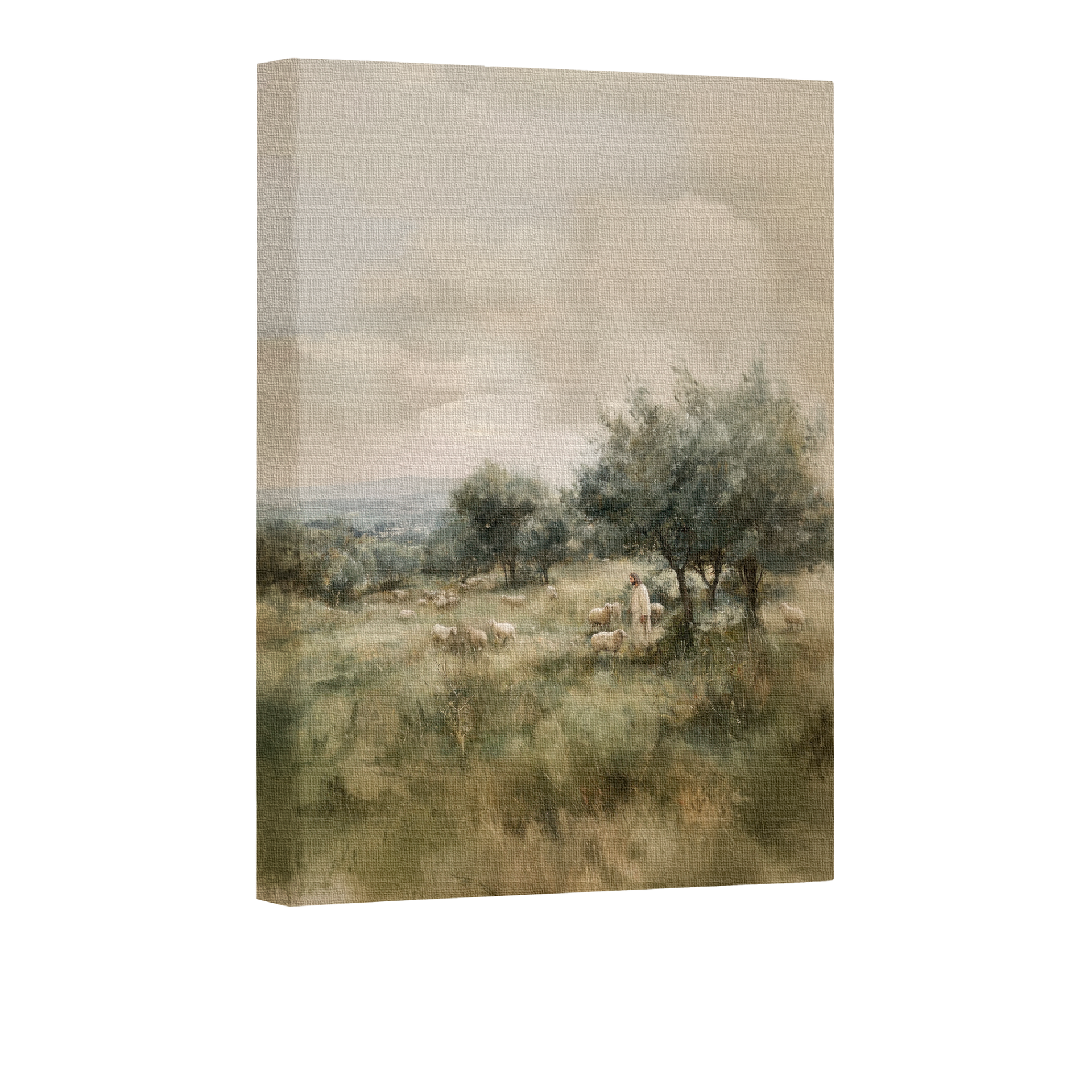 LDS-inspired fine art print of Jesus as the Good Shepherd in a pastoral landscape