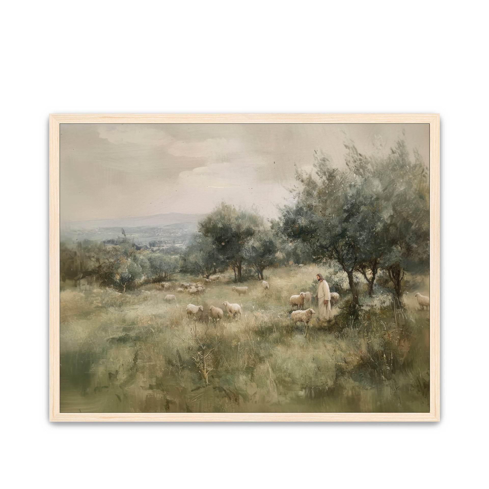 Christian artwork of Jesus standing in a green field with sheep, titled "Watched and Loved"
