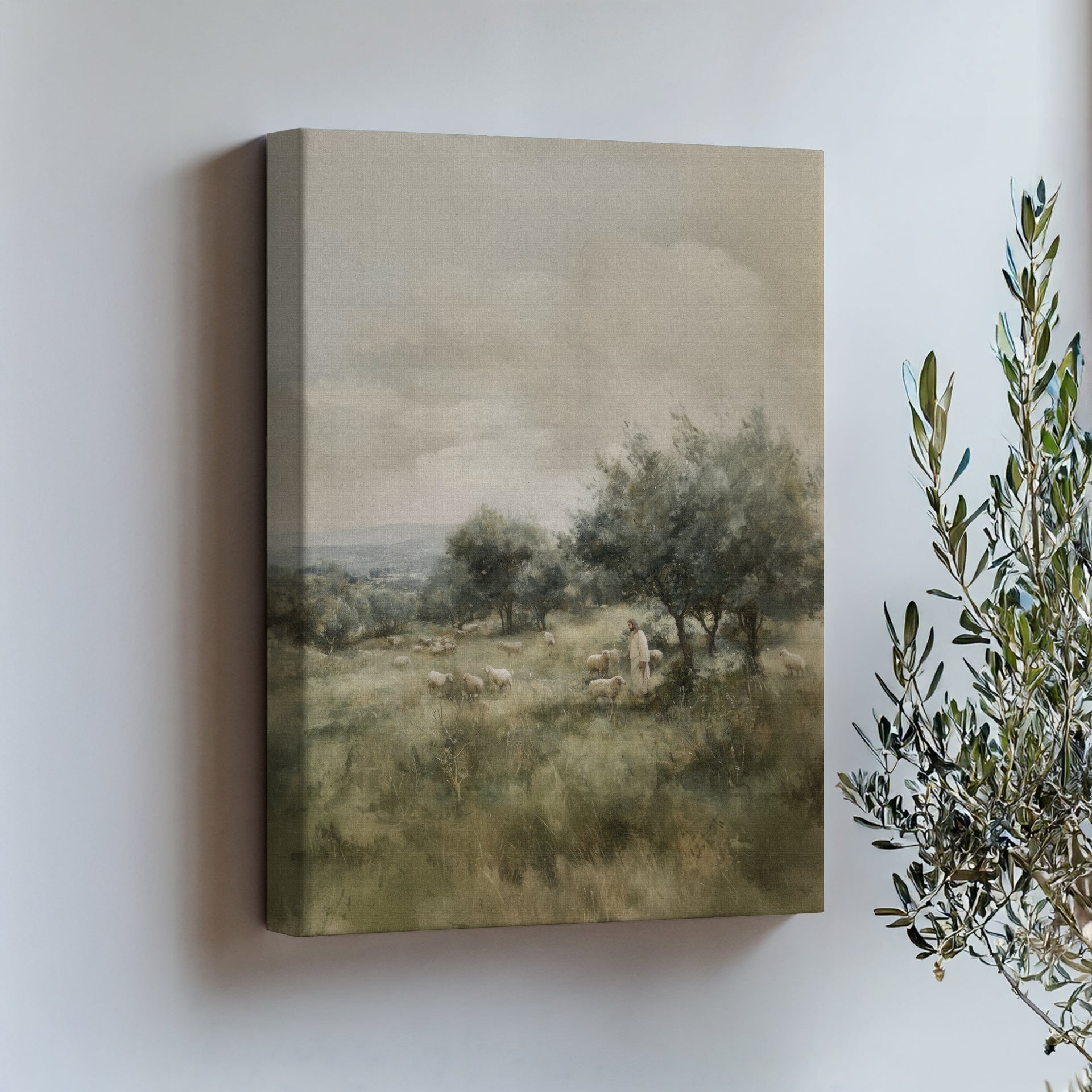 Biblical-themed artwork of the Good Shepherd in a grassy field