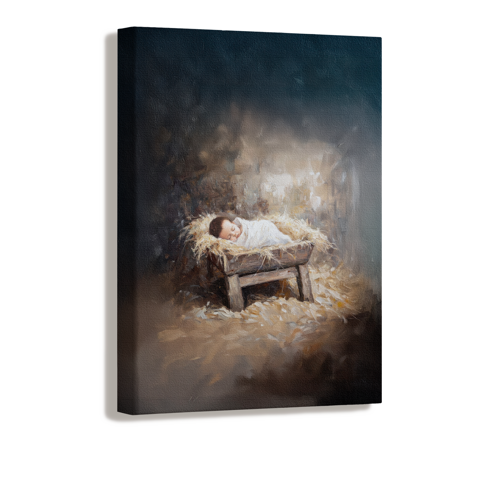 Sacred moment of Baby Jesus laying in a manger with soft light