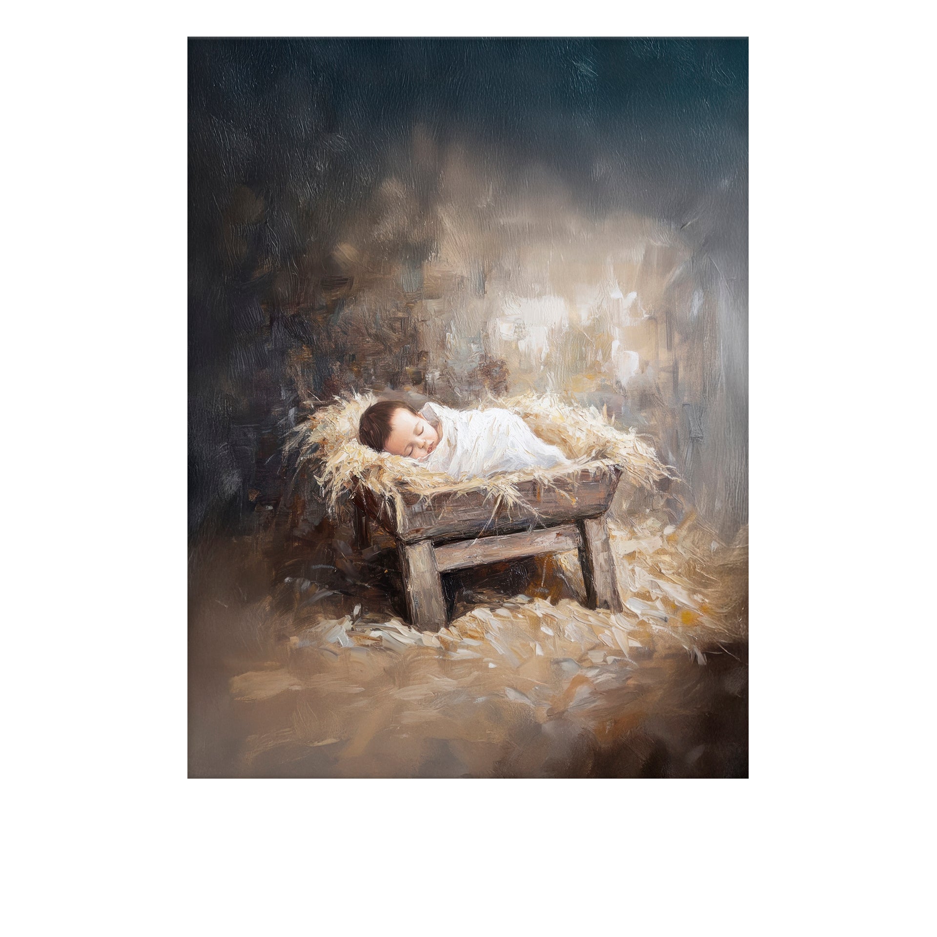  Infant Jesus wrapped in cloth, lying peacefully among straw in a manger