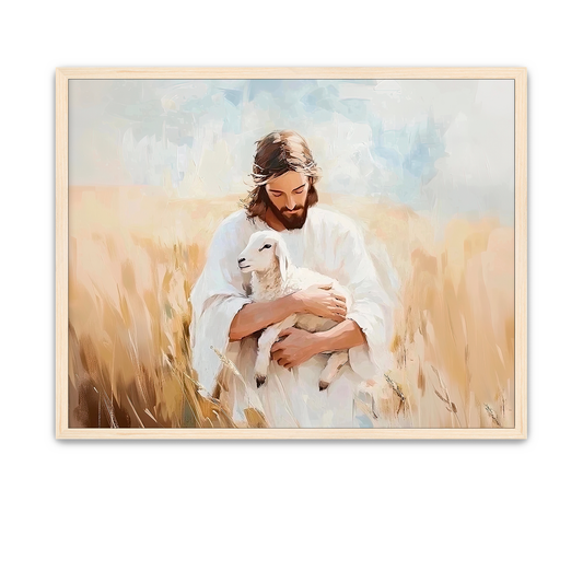 Savior cradling a lamb, symbolizing care and rescue