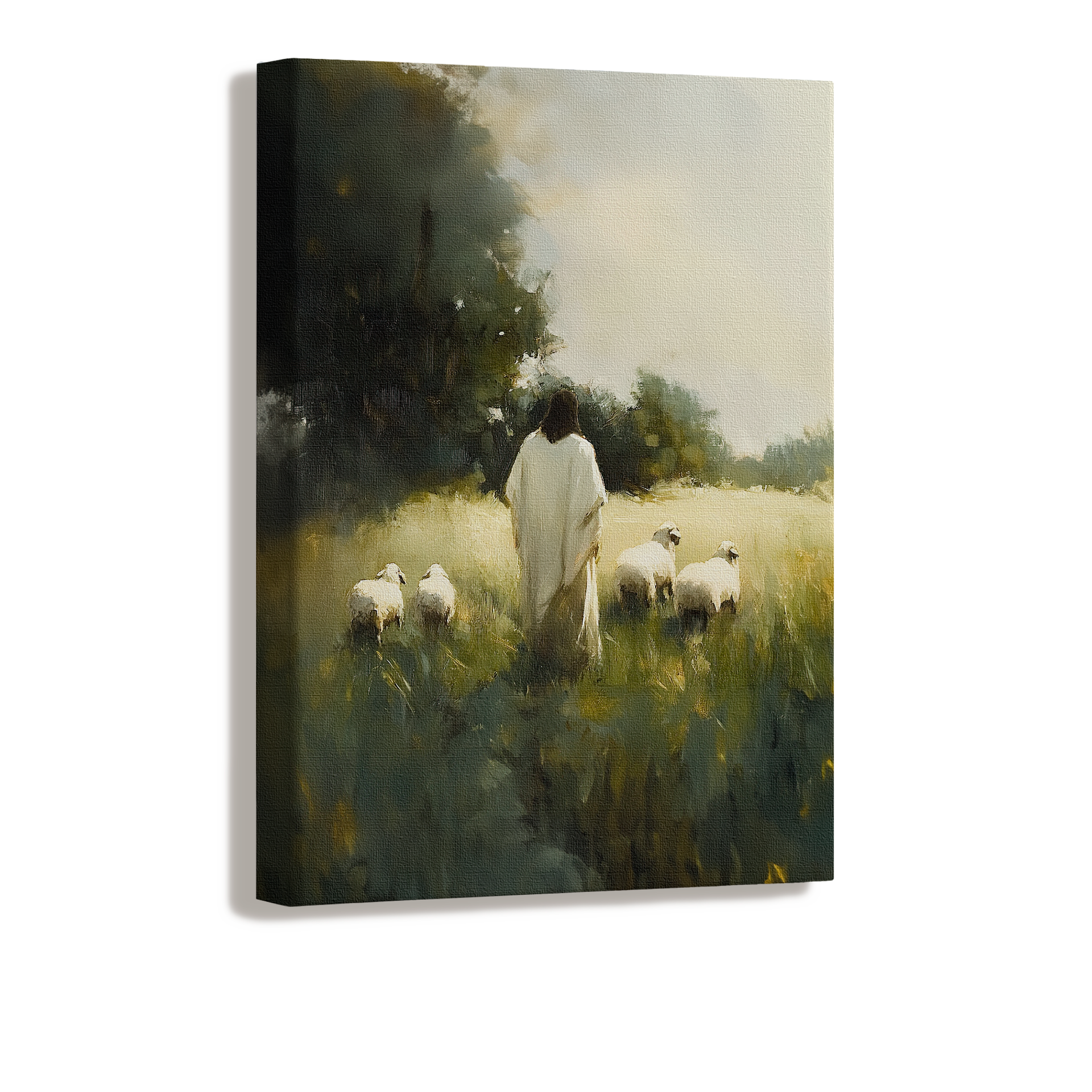 Christ surrounded by sheep in a sunlit valley