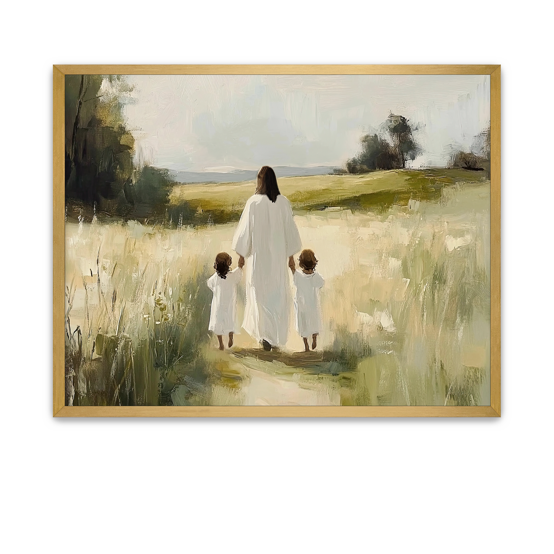 The Savior holding hands with a boy and girl on a peaceful path