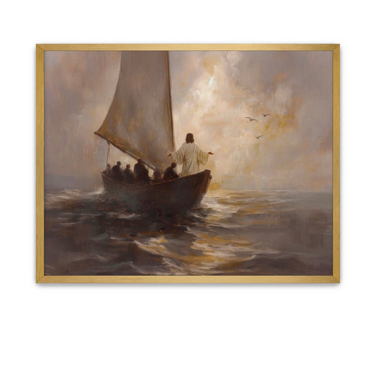 Jesus calming the raging waters with a gesture of peace while apostles look on in awe
