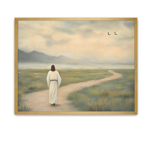 Spiritual painting of Jesus walking a quiet path
