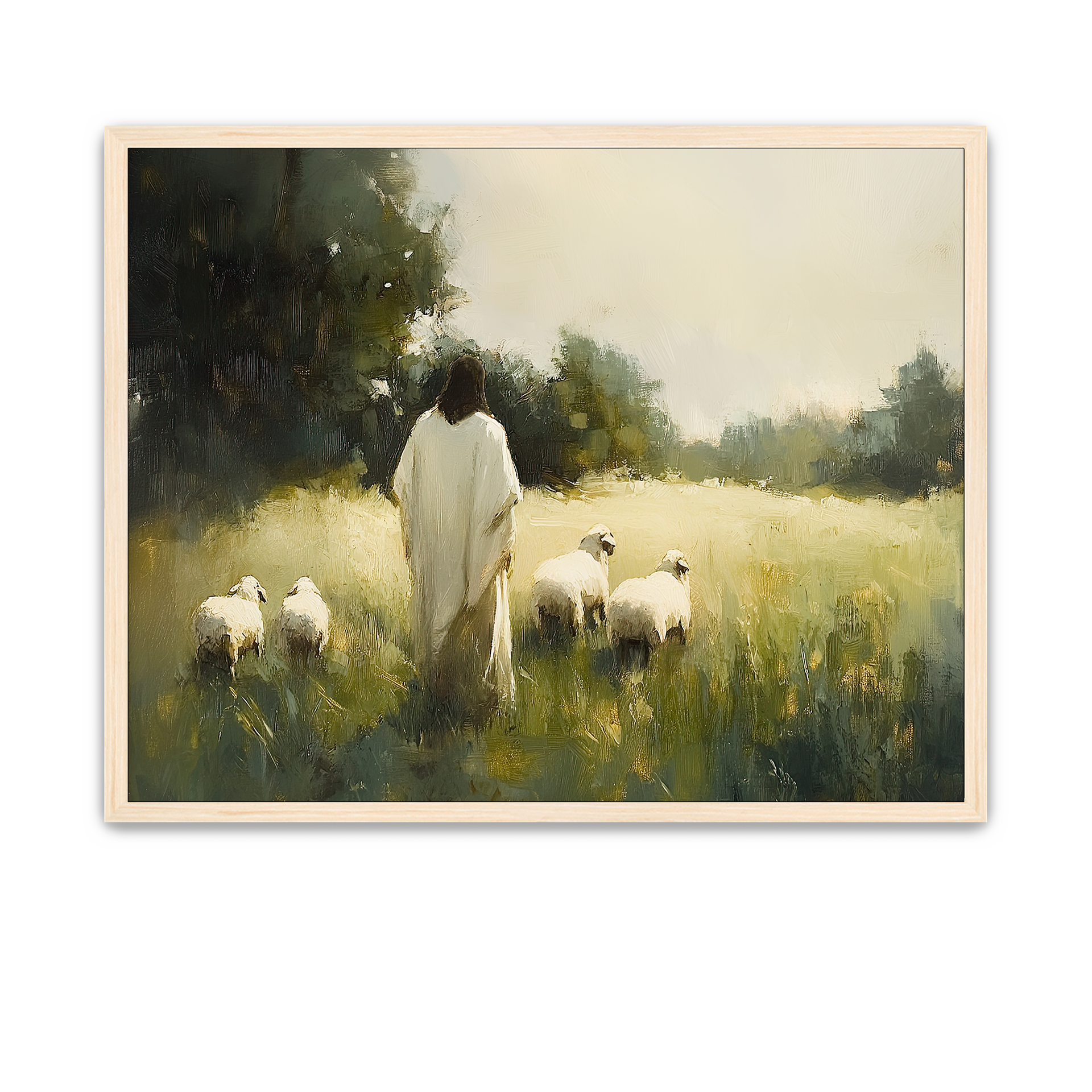 Christ walking through tall grasses with a flock