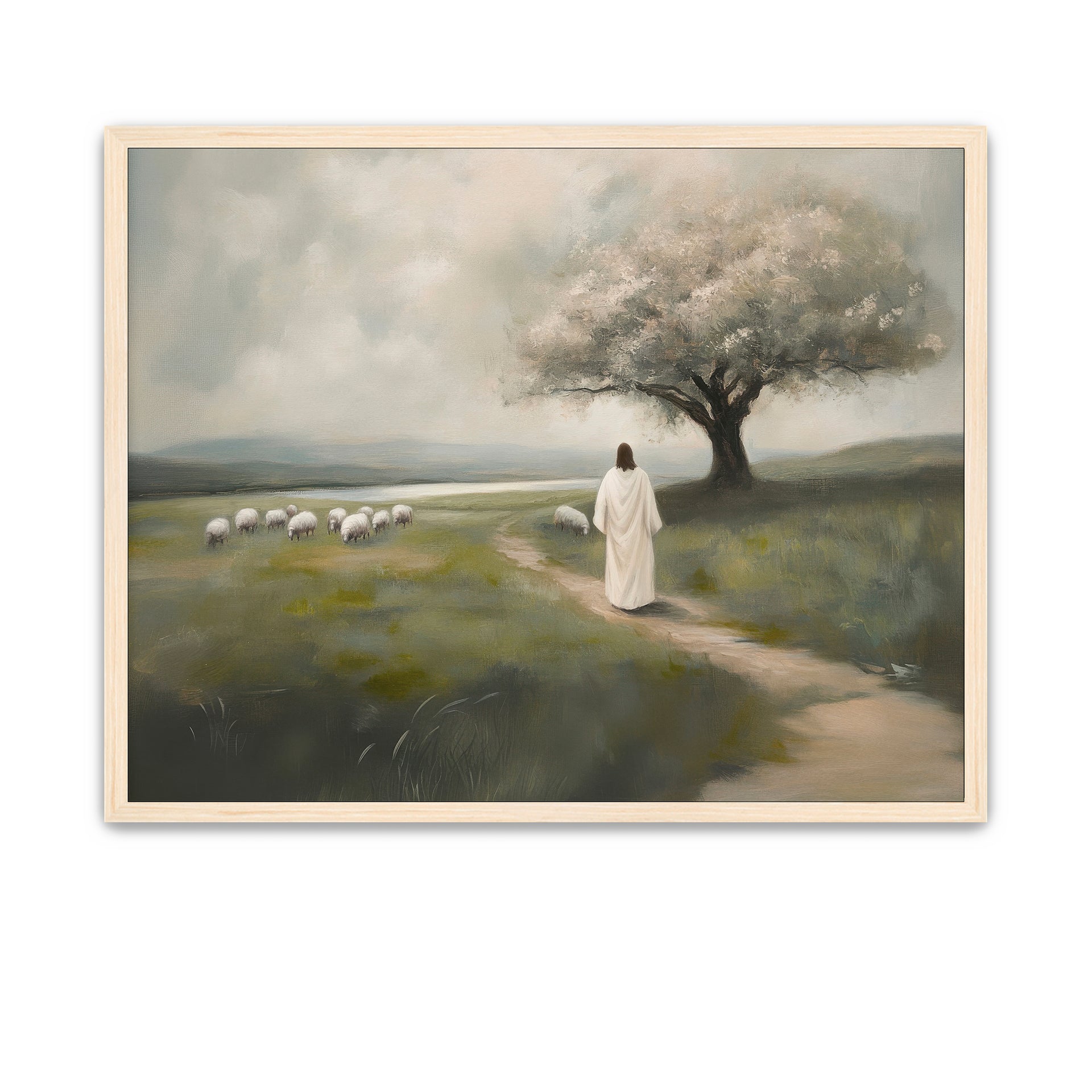 Christ under a shade tree with sheep grazing nearby