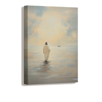 Spiritual painting of Christ walking on water  with boat in the distance