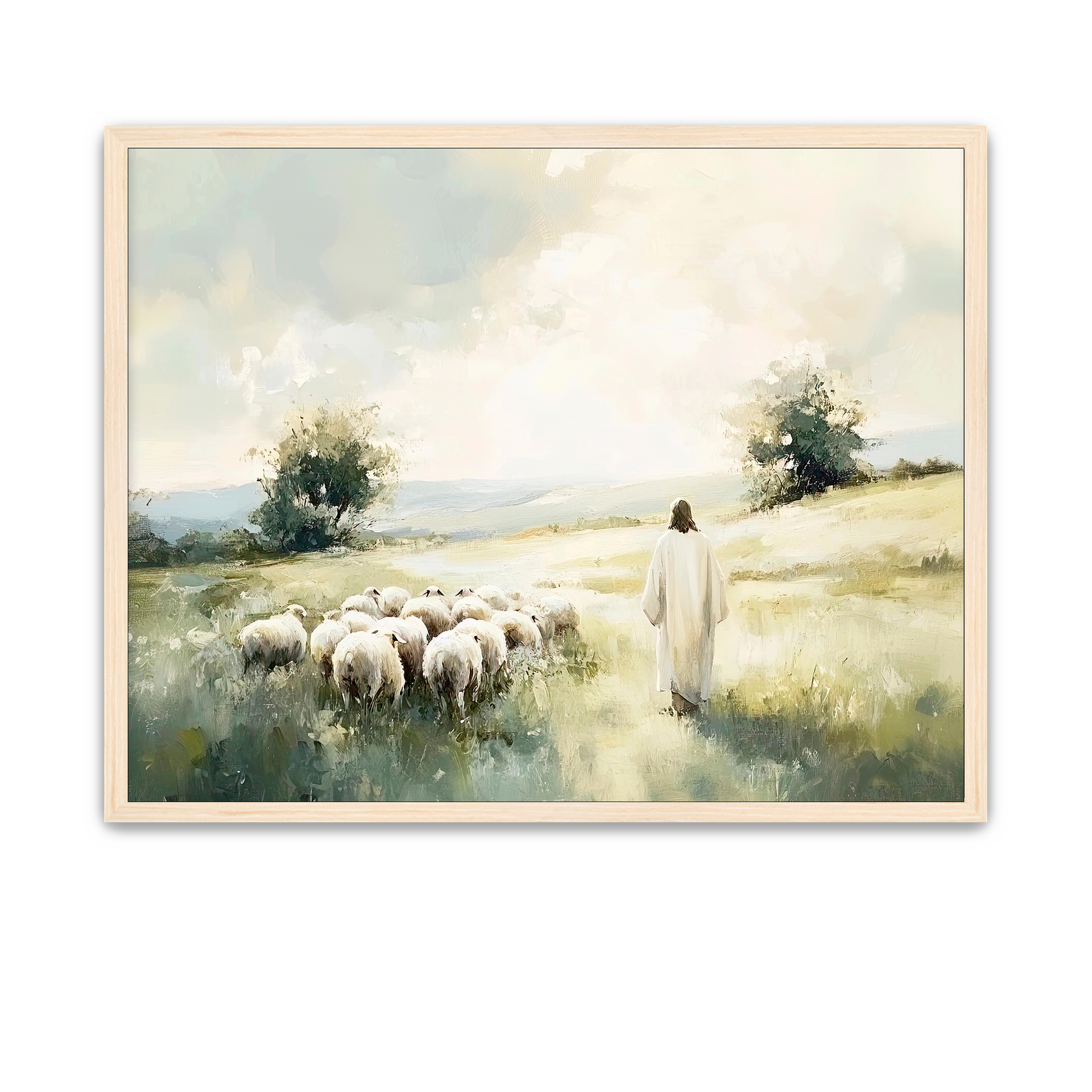 Jesus Christ surrounded by sheep in a peaceful green meadow