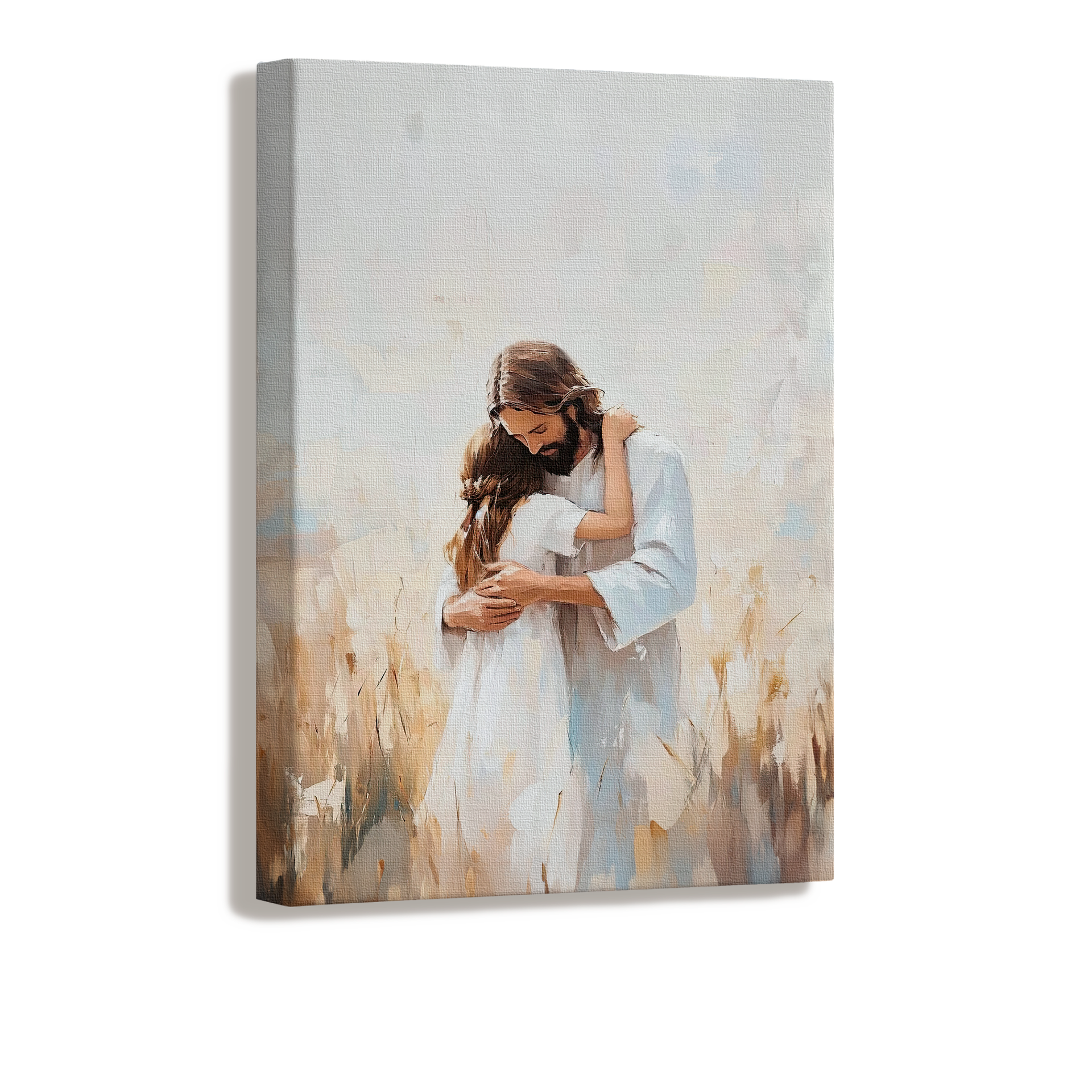 Peaceful Christian painting of Jesus holding a brown-haired girl