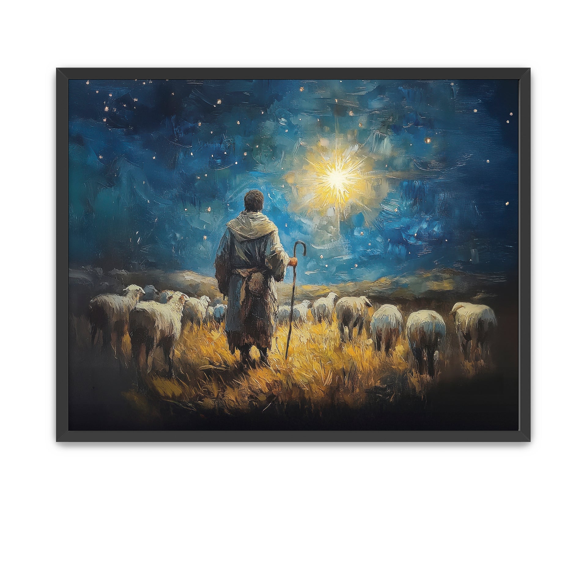 Inspired painting of shepherd gathering and heading to find the Savior