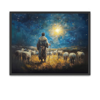 Inspired painting of shepherd gathering and heading to find the Savior