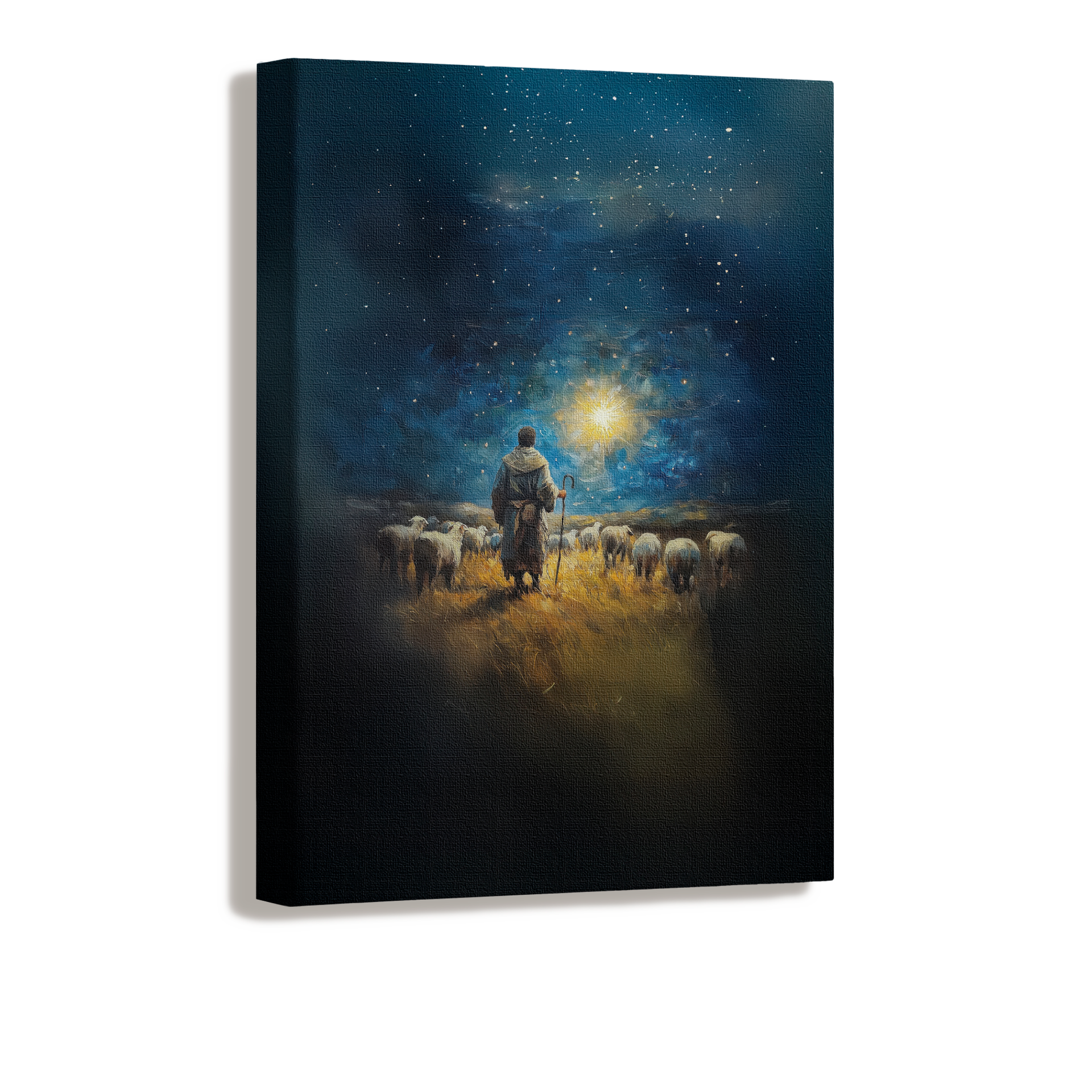 A path lit by the star as shepherds walk with anticipation toward the newborn King