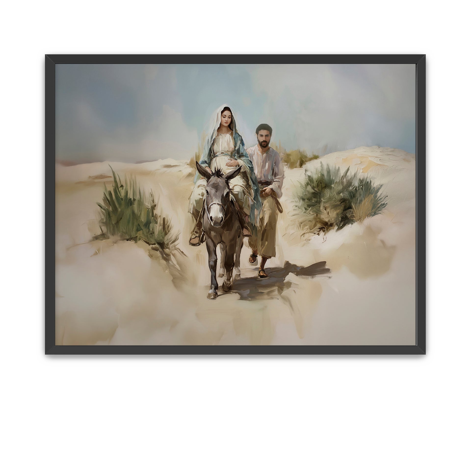 Gentle image of Joseph guiding a donkey carrying pregnant Mary through the wilderness