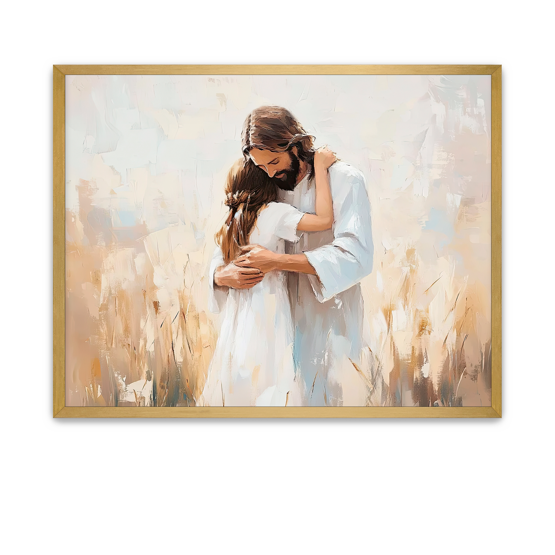 Christ gently holding a young brown-haired girl