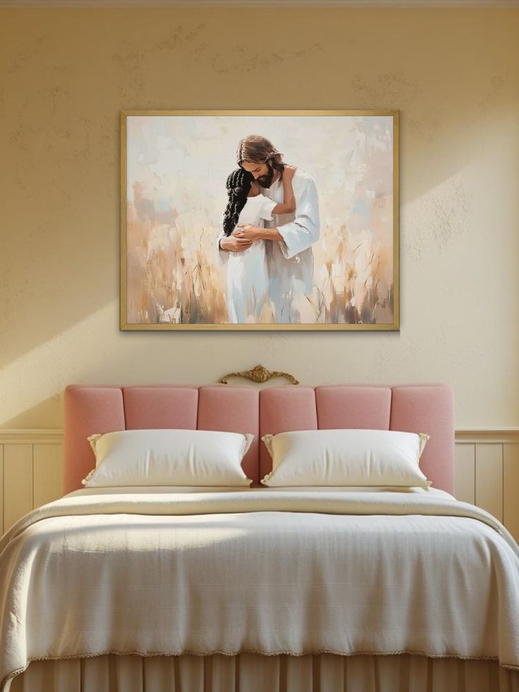 "In His Arms- Jesus Christ's Embrace, Black Hair Girl" Christian Artwork of Jesus and Children, LDS Artwork