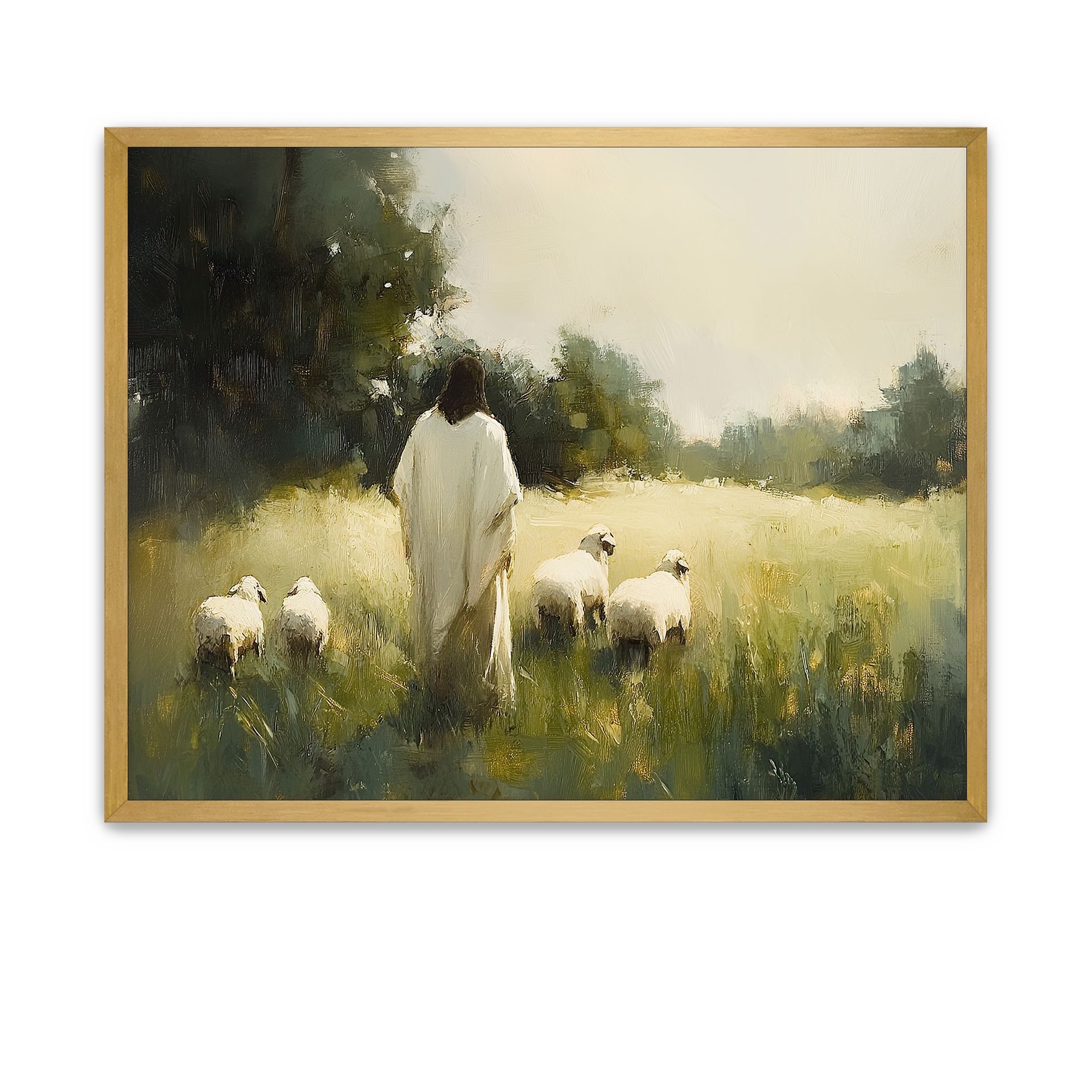 Jesus standing in a green pasture surrounded by sheep