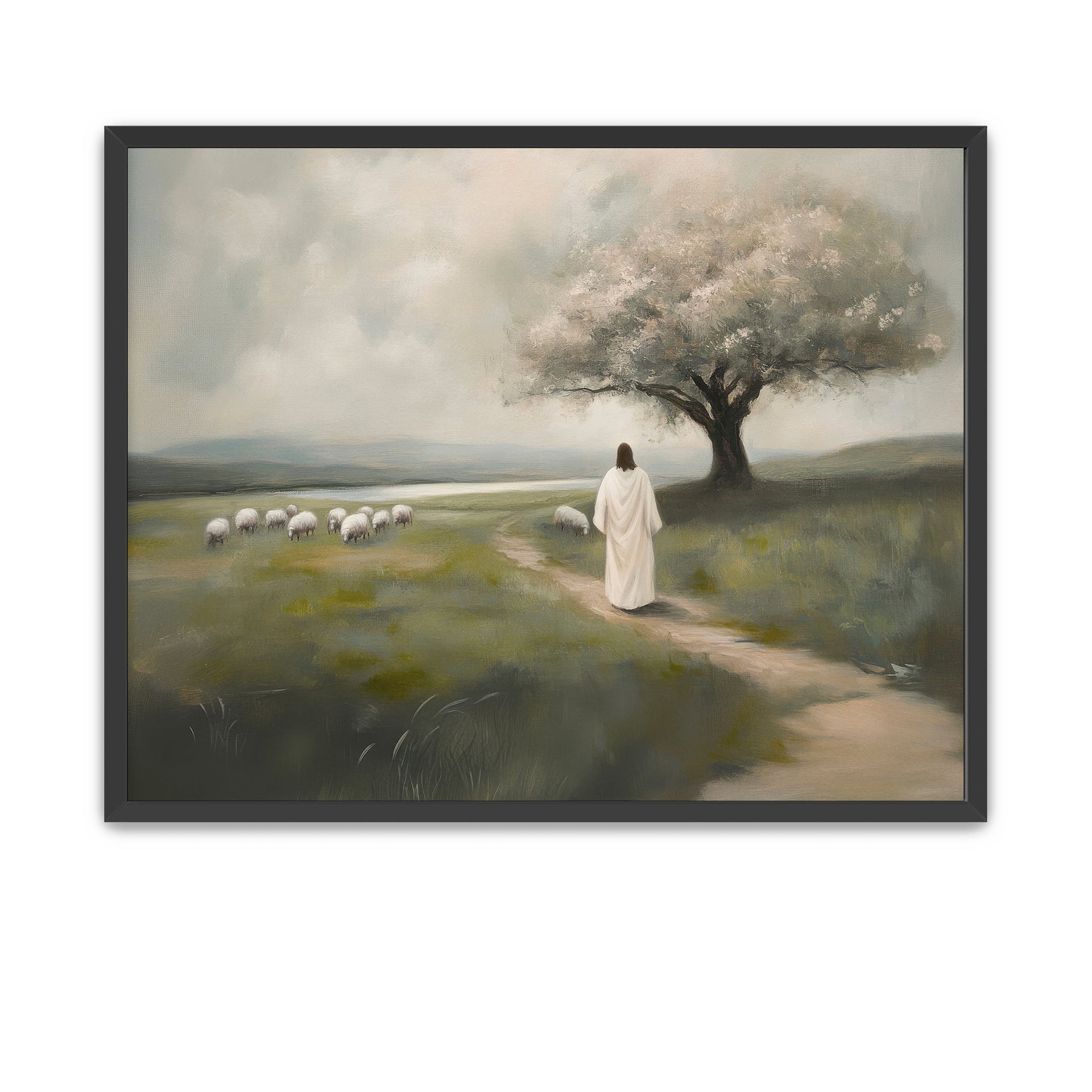 Peaceful scene of Jesus watching over sheep from beneath a tree