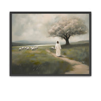 Peaceful scene of Jesus watching over sheep from beneath a tree