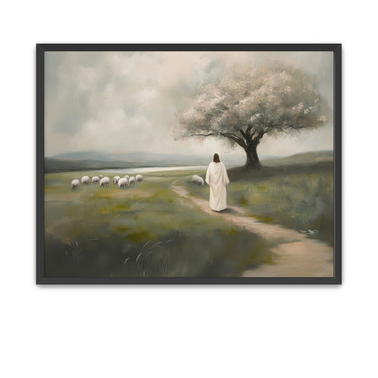 Peaceful scene of Jesus watching over sheep from beneath a tree