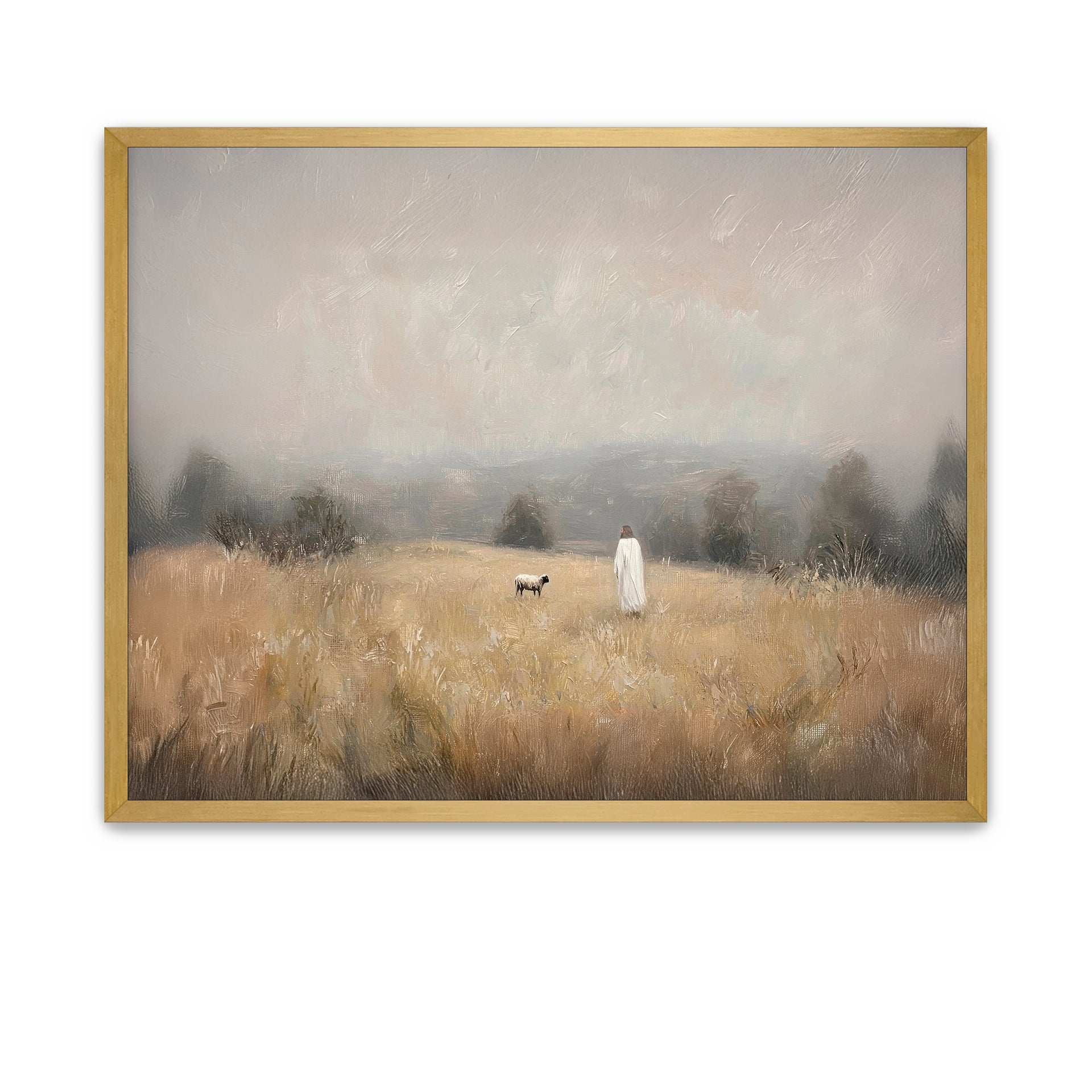 Muted landscape painting of Jesus and sheep in stillness