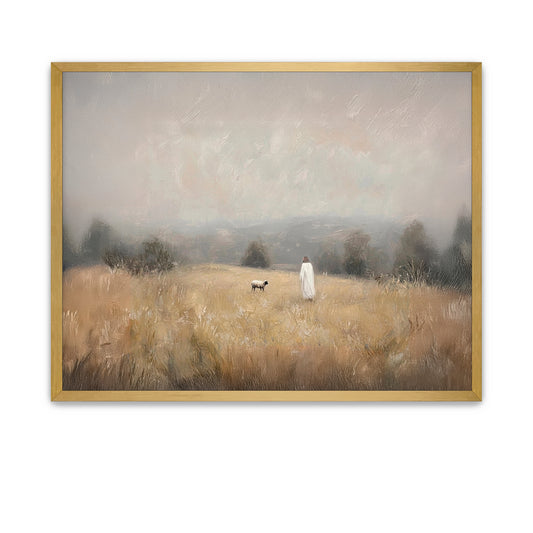 Muted landscape painting of Jesus and sheep in stillness