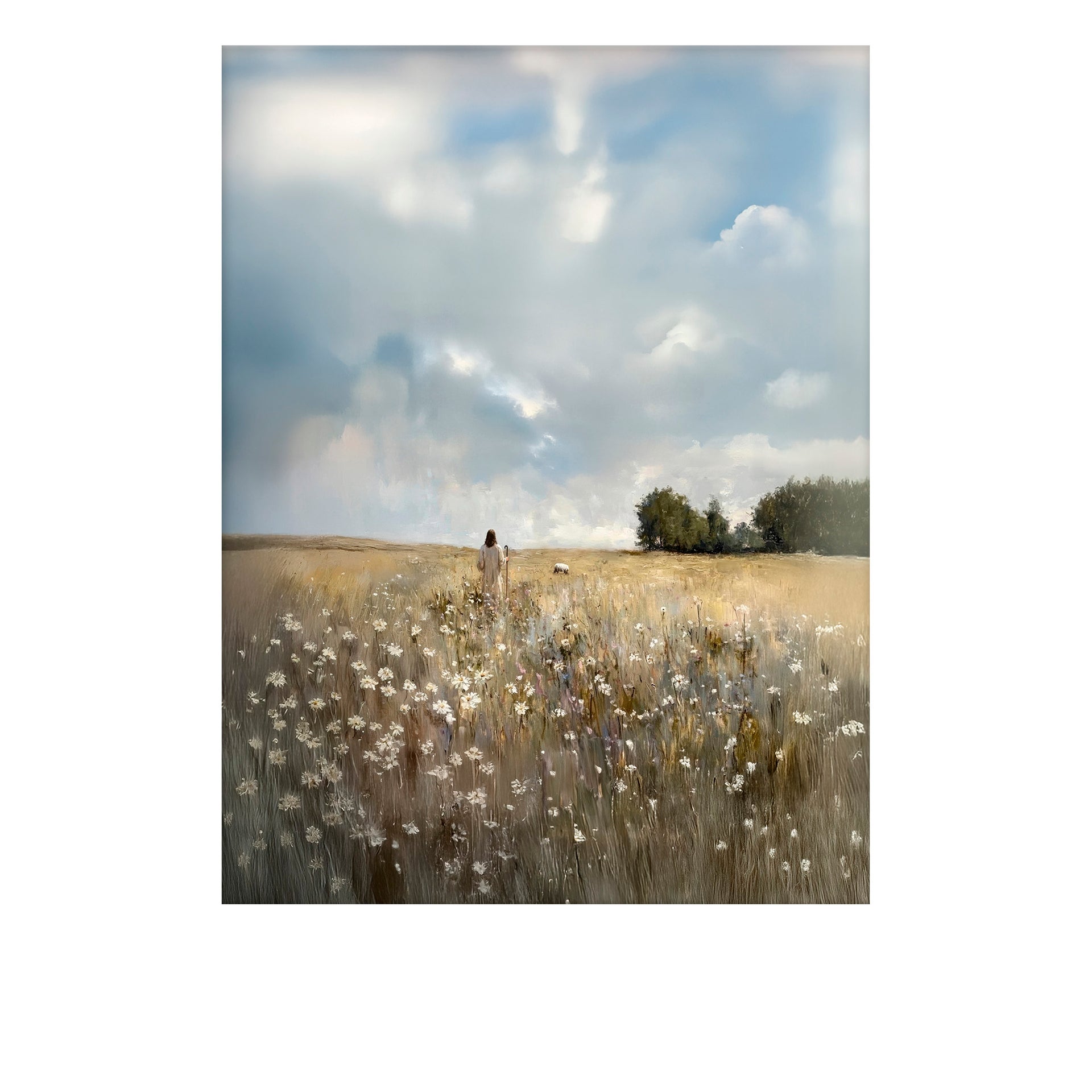 Savior finding lost sheep in a field filled with blooming flowers