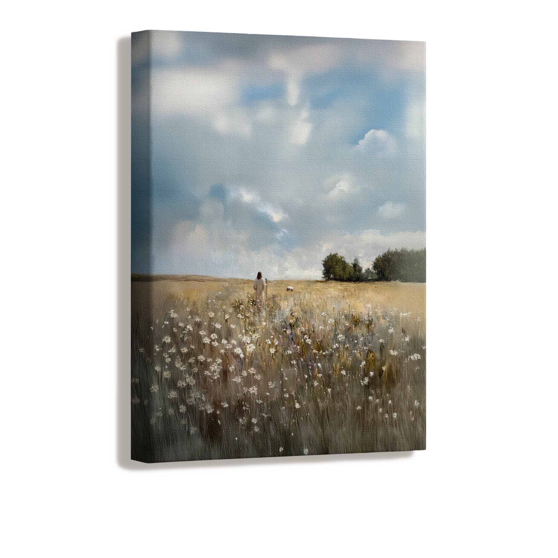 Religious painting of Jesus in a flowery pasture finding the one