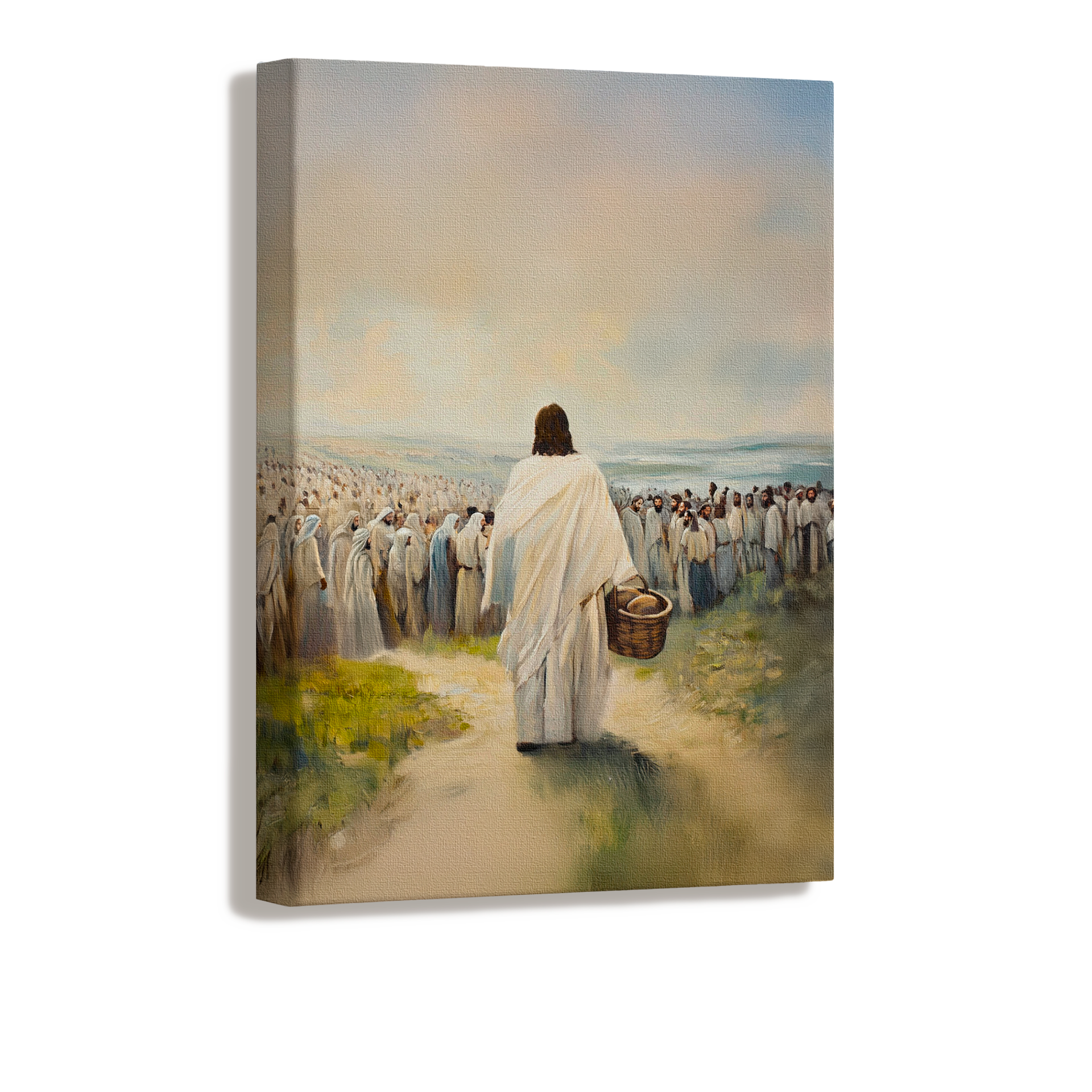 Christian art showing Jesus offering food to the crowd with miraculous supply