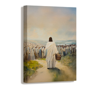 Christian art showing Jesus offering food to the crowd with miraculous supply